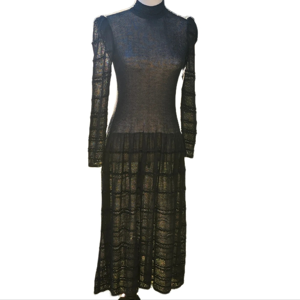 Vintage, Black sheer knit midi dress w/ long sleeves. Size 4